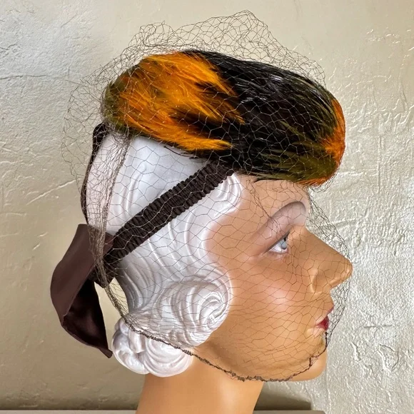 DEBONAIR 1930s' TILT HAT COVERED BY MULTICOLORED FEATHERS + BACK STRAP + VEIL